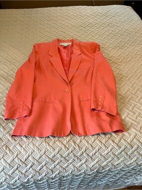 Adolfo Studio Coral One Button Closure Linen Blend Blazer Size 10 Vintage